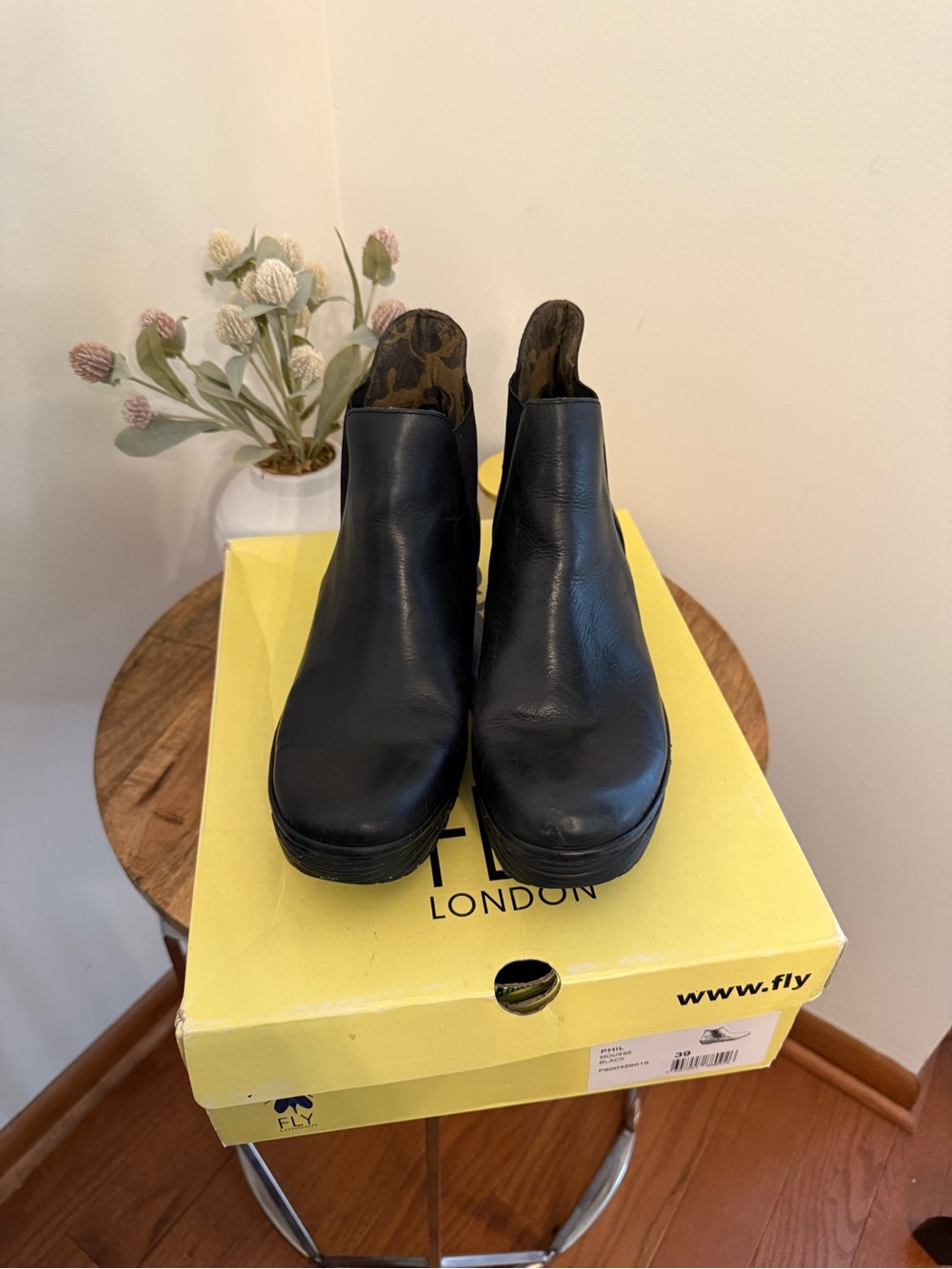 Fly London Black Leather Chelsea Platform Booties with Patterned Interior
